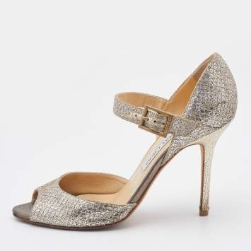 Pre Owned Jimmy Choo Gold Coarse Glitter Peep Toe Ankle Strap Sandals Size 38.5