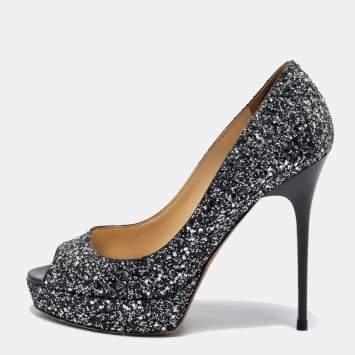 Pre Owned Jimmy Choo Black/Silver Coarse Glitter Crown Pumps Size 38