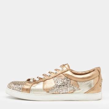 Pre Owned Jimmy Choo Gold/Silver Leather and Glitter Low Top Sneakers Size 39