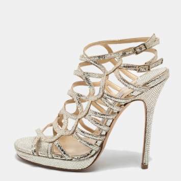 Pre Owned Jimmy Choo Light Gold Texture Leather  Strappy  Sandals Size  37