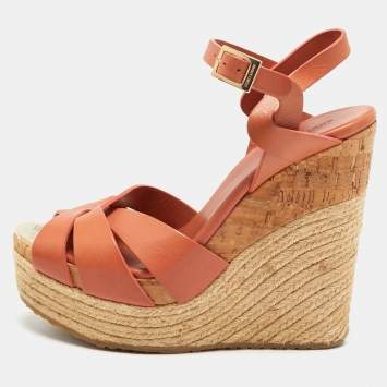 Pre Owned Jimmy Choo Brown Leather Platform Wedge Ankle Sandals Size 38