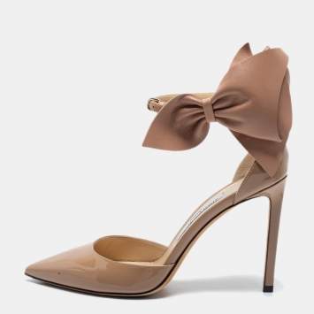 Pre Owned Jimmy Choo Beige Patent Leather Kelley Bow Pumps Size 37