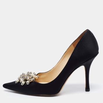 Pre Owned Jimmy Choo Black Satin Embellished Pumps Size 39.5