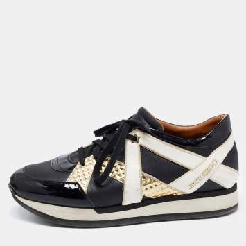 Pre Owned Jimmy Choo Black Leather and Patent Low Top Sneakers Size 39