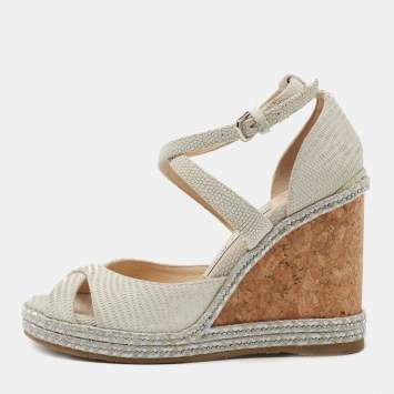 Pre Owned Jimmy Choo Light Grey Lizard Embossed Leather Alanah Wedge Sandals Size 35