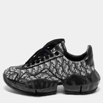 Pre Owned Jimmy Choo Black Monogram Leather Diamond Sneakers Size 36