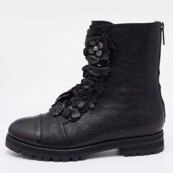 Pre Owned Jimmy Choo Black Leather Embellished Ankle Length Boots Size 37