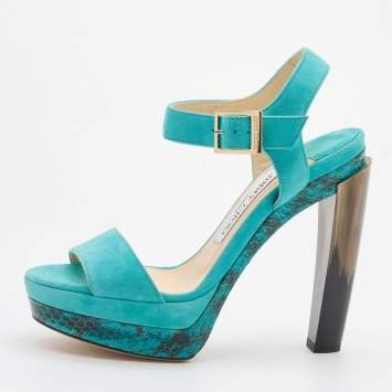 مملوكة مسبقًا Jimmy Choo Turquoise Blue Suede Dora Platform Ankle Strap Sandals Size 36