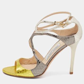 Pre Owned Jimmy Choo Tricolor Python Leather Strappy Sandals Size 38