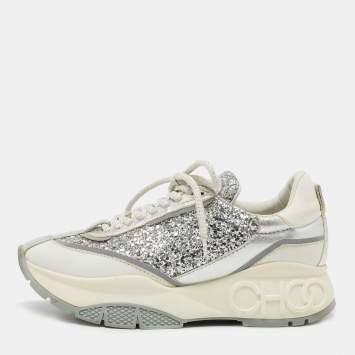 Pre Owned Jimmy Choo White/Silver Leather and Coarse Glitter Raine Sneakers Size 37.5