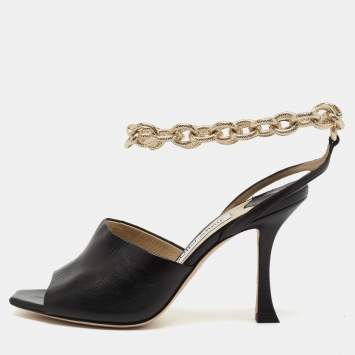 مملوكة مسبقًا Jimmy Choo Black Leather Sae Ankle Chain Sandals Size 36