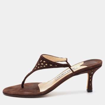 Pre Owned Jimmy Choo Brown Suede Laser Cutout Thong Sandals Size 37