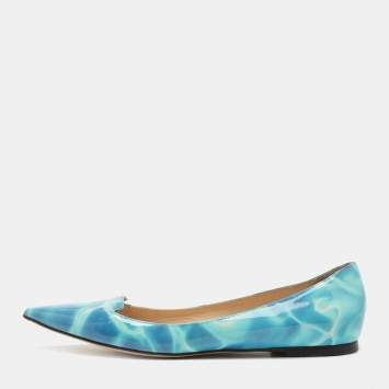 Pre Owned Jimmy Choo Blue Swimming Pool Print Patent Leather Attila Ballet Flats Size 37.5