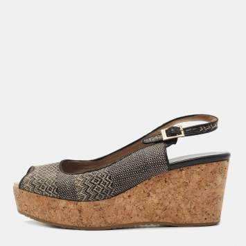 Pre Owned Jimmy Choo Black/Beige Woven Fabric Praise Cork Wedge Slingback Sandals Size 41