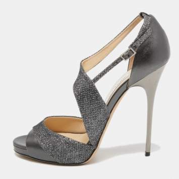 Pre Owned Jimmy Choo Metallic Grey Lurex Fabric and Leather Ankle Strap Sandals Size 39.5