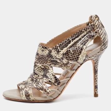Pre Owned Jimmy Choo Beige/Brown Python Leather Open Toe Pumps Size 38