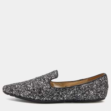 Pre Owned Jimmy Choo Black/Silver Glitter Sloane Smoking Slippers Size 41