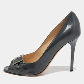 Pre Owned Jimmy Choo Metallic Grey Patent Leather Double Buckle Pumps Size 39.5