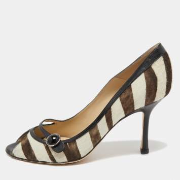 Pre Owned Jimmy Choo Black/White Calf hair and Leather Peep Toe Pumps Size 38.5