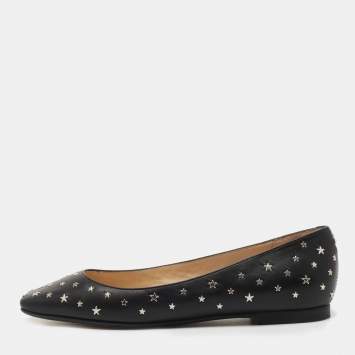 Pre Owned Jimmy Choo Black Leather Modell Star Ballet Flats Size 37.5