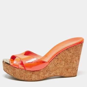 Pre Owned Jimmy Choo Orange Patent Leather Prima Sandals Size 40.5