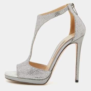 Pre Owned Jimmy Choo Metallic Silver Coarse Glitter Lana T-Strap Sandals Size 39