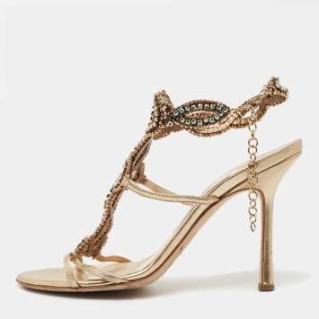 Pre Owned Jimmy Choo Metallic Gold Leather Ankle Strap Sandals Size 37