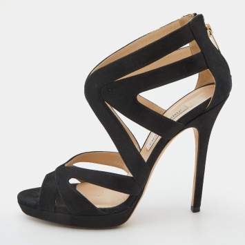 Pre Owned Jimmy Choo Black Glitter Suede Cutout Collar Open Toe Sandals Size 38.5