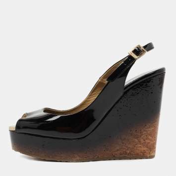 Pre Owned Jimmy Choo Black Patent Leather Slingback Wedge Pumps Size 37