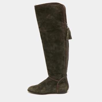 Pre Owned Jimmy Choo Green Suede and  Leather Knee Length Boots Size 38