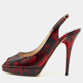 Pre Owned Jimmy Choo Red/Black Texture Leather Slingback Pumps Size 38  