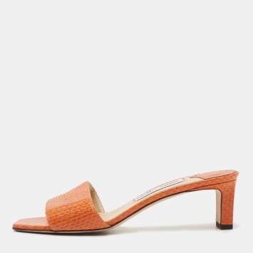 Pre Owned Jimmy Choo Orange Snakeskin K-Slide Sandals Size 37 
