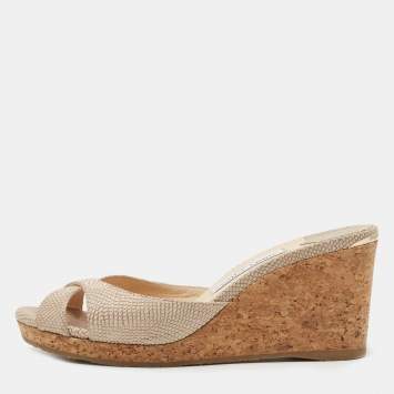 Pre Owned Jimmy Choo Beige Nubuck Leather Prima Cork Wedge Sandals Size 40