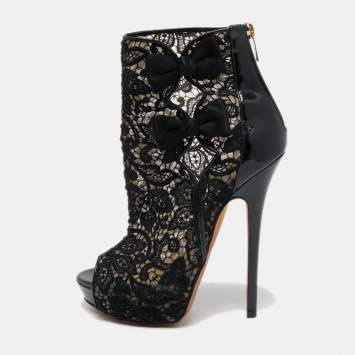 Pre Owned Jimmy Choo Black Lace and Patent Leather Bow Peep Toe Booties Size 38