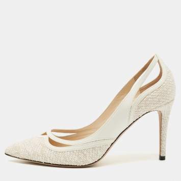 Pre Owned Jimmy Choo White Patent and Fabric Pointed Toe Pumps Size 38