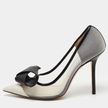 Pre Owned Jimmy Choo Black/Grey Mesh and Leather Bow Pointed Toe Pumps Size 39