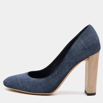 Pre Owned Jimmy Choo Navy Blue Printed Suede Laria Block Heel Pumps Size 38