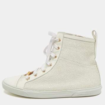 Pre Owned Jimmy Choo Off White Patent Leather and Coarse Glitter High Top Sneakers Size 39.5