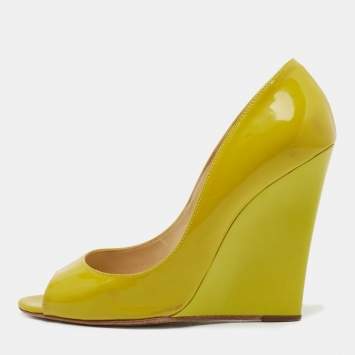 Pre Owned Jimmy Choo Yellow Patent Leather Bello Peep Toe Wedge Pumps Size 38