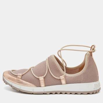 Pre Owned Jimmy Choo Metallic Beige Leather and Mesh Slip On Low Top Sneakers Size 38