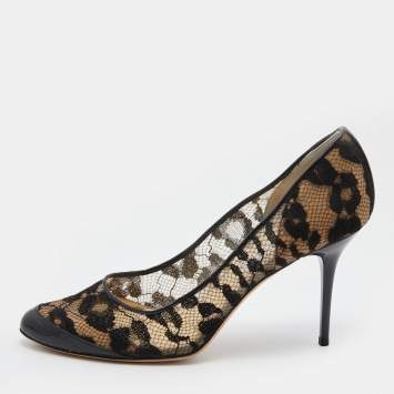 Pre Owned Jimmy Choo Black Patent Leather and Floral Lace Pumps Size 39