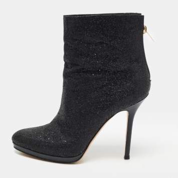 Pre Owned Jimmy Choo Black Glitter Platform Ankle Booties Size 38