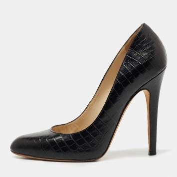 Pre Owned Jimmy Choo Black Croc Embossed Leather Round Toe Pumps Size 39