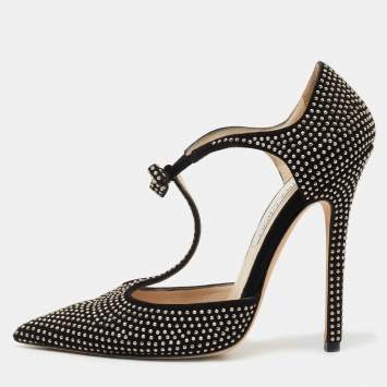 Pre Owned Jimmy Choo Black Studded Suede Talan T Strap Pumps Size 36