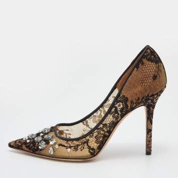 Pre Owned Jimmy Choo Black Lace and Mesh Crystal Embellished Pointed Toe Pumps Size 39