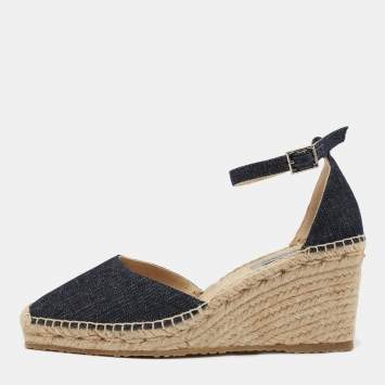 مملوكة مسبقًا Jimmy Choo Black Denim Wedge Ankle Strap Sandals Size 40