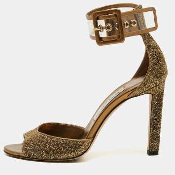 Pre Owned Jimmy Choo Metallic Lurex Fabric and PVC Moscow Ankle Strap Sandals Size 37.5