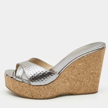 Pre Owned Jimmy Choo Silver Leather Prima Wedge Sandals Size 38.5