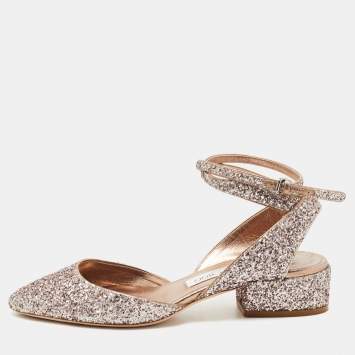 Pre Owned Jimmy Choo Pink Coarse Glitter Micky Ankle Strap Pumps Size 37.5