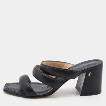 Pre Owned Jimmy Choo Black Leather Block Heel Slide Sandals Size 38.5
